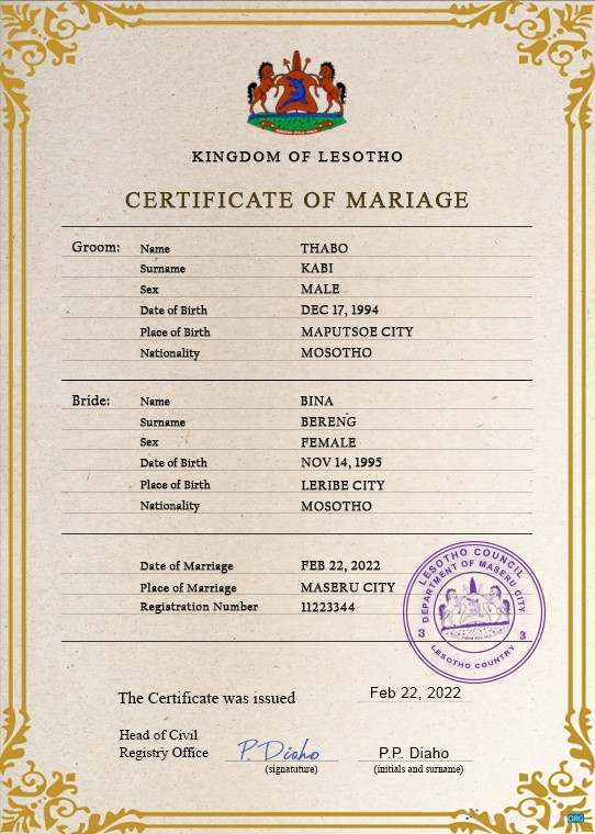 Download Lesotho marriage certificate PSD template Photoshop template